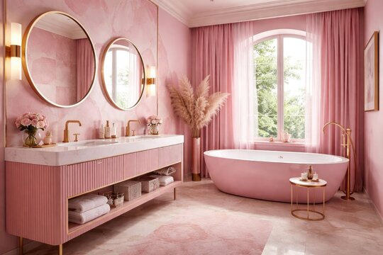 vibrant pink bathroom room with stylish fittings and sophisticated layout