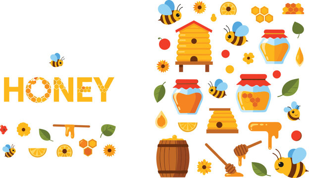 Sweet honey and bee illustrations with honeycomb and hive elements