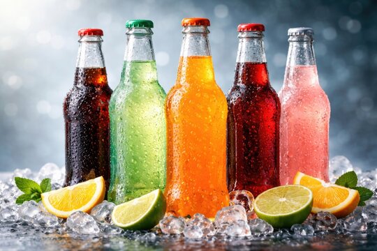Variety of chilled non alcoholic soda bottles featuring water droplets and copy space