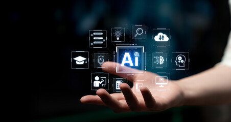 Fototapeta premium AI assisted knowledge training study system and online education process innovation for digital transformation to online student on internet guide lesson. Self improvement. Corpus