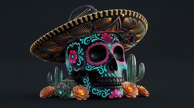 Ornate Black Sugar Skull Wearing Sombrero with Crystal Cacti and Glowing Flowers for Day of the Dead Celebration on Dark Background