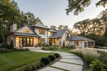 Naklejka premium Modern two-story house with stone and light siding, gabled roofs, landscaped garden, and illuminated windows showcasing elegant contemporary residential architecture generative ai