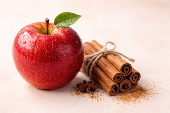 Close up of a red apple and cinnamon sticks placed on a light pastel background with copy space
