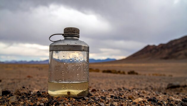 Canteen of lukewarm, questionable water with condensation, sits on desert ground under a cloudy sky.