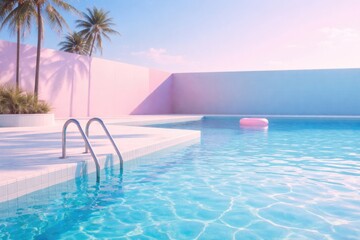 Obraz premium Blue and pink vaporwave pool wallpaper design with serene water for a minimalist vacation dream