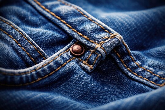 Macro shot of rugged denim jeans material on smooth blue background