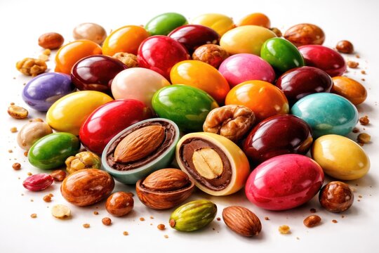 Vibrant nut dragee sweets displayed on a pure white backdrop