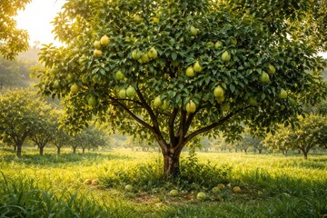 Naklejka premium Lush guava tree full of fruit in green field