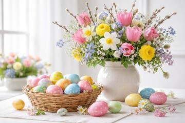 Fototapeta premium Holiday themed home scene with vibrant Easter eggs and floral vase against white background