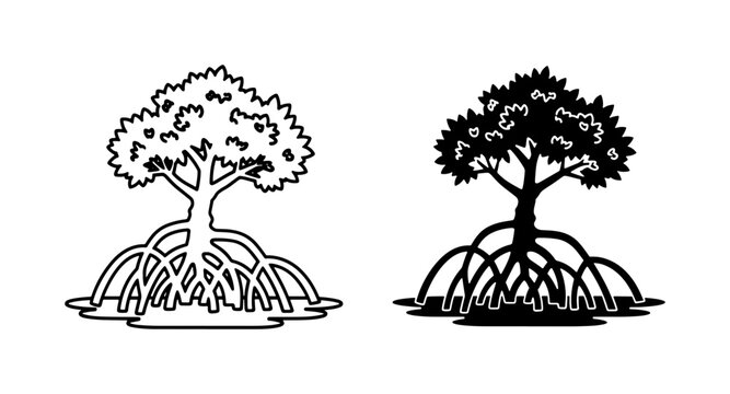 Mangrove tree silhouette and outline vector illustration