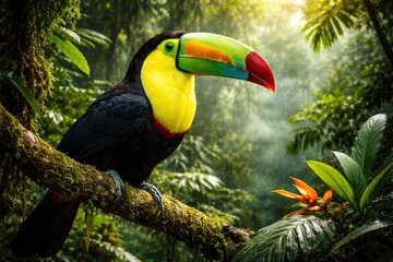 Obraz premium Colorful toucan with large bill thriving in dense tropical forest habitat