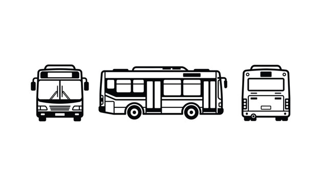 Set of three bus icons vector graphic with front side and back view isolated on transparent background.