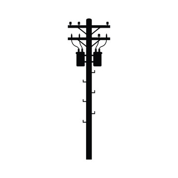 Silhouette electric utility pole with transformers and wires vector transparent illustration.