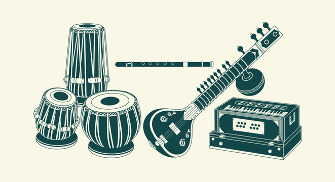 Indian Classical Musical Instruments Collection Sitar Harmonium Tabla and Bansuri Vector Illustration