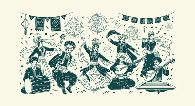 Traditional Middle Eastern Celebration with Folk Dancers and Musicians Playing Ethnic Instruments