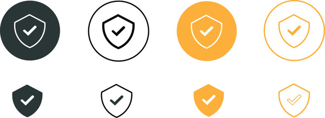 A collection of modern minimalist shield and checkmark icons in various circular and solid shapes representing security safety and protection concepts for digital interfaces and branding applications © image.designer