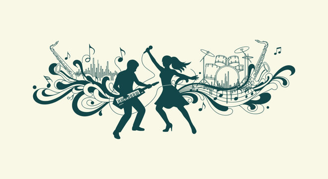Silhouette of Musicians Band Playing Instruments with Singer and Keytar in Artistic Floral Design