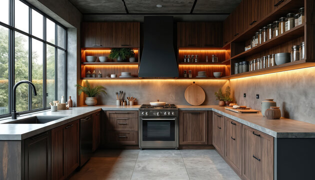 Dark wood kitchen with concrete walls and modern appliances. Warm under cabinet lighting creates inviting ambience. Large window lets in natural light showing green plants outside.