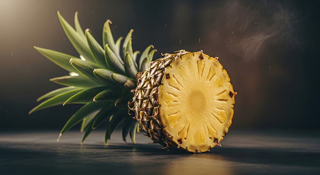Half of fresh pineapple on dark wooden table with soft sunlight and water spray