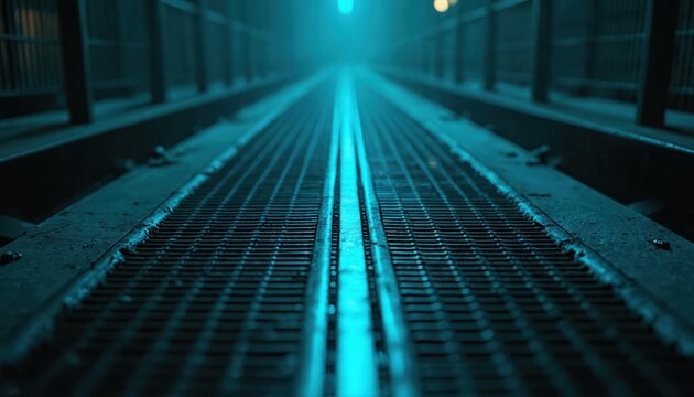 Metal walkway grid with blue underlighting stretches into dim distance. Industrial pathway creates a futuristic, geometric tunnel with repeating patterns and deep shadows.