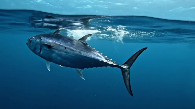 Powerful Tuna Crossing Shimmering Thermocline Boundary in Deep Ocean