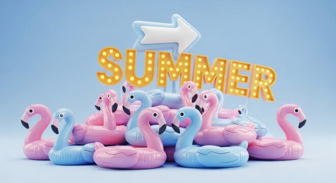 Pile of inflatable flamingo pool floats with glowing summer sign and arrow in a colourful playful 3D sytle scene