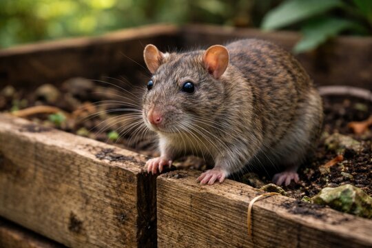 Close up of a wild brown rat exploring a wooden composter outdoors