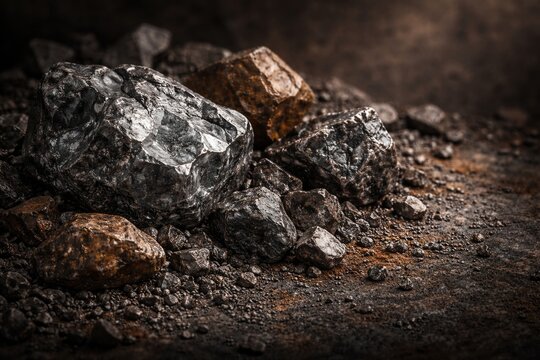 Iron ore rocks yielding metallic iron from hematite magnetite and siderite with copy space for text