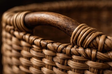 Obraz premium Macro shot of a robust wooden grip attached to a tightly woven basket