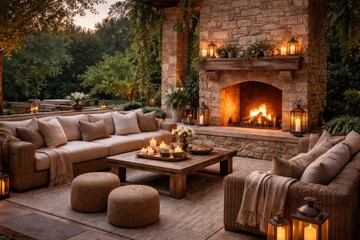 Naklejka premium Upscale outdoor lounge featuring a large stone fireplace and beige sofa with a cozy rug