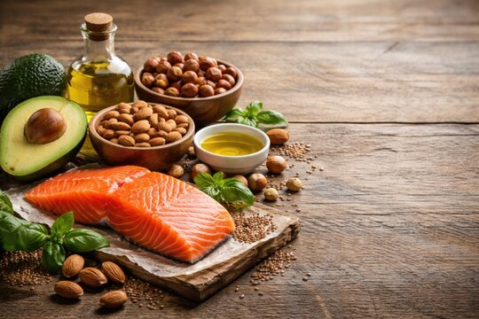 Top unsaturated fat sources such as almonds hazelnuts salmon and avocado presented with copyspace for text