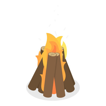 3D Isometric Flat Vector Set of Bonfires, Wooden Boards Used For Nighttime Outdoor Bonfire With Flaming Logs And Coals. Item 2