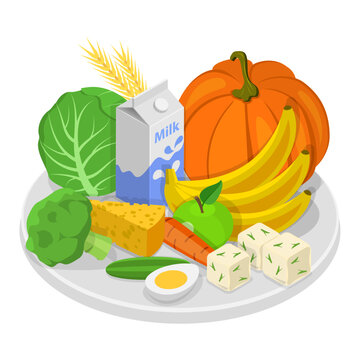 3D Isometric Flat Vector Set of Vegetarian Food Plates, Organic Grocery Products. Item 7