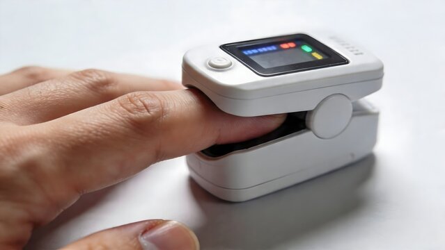 Close-up of a pulse oximeter clipped on a finger measuring oxygen saturation with soft natural lighting. Clean medical monitoring concept with focus on device and skin detail.