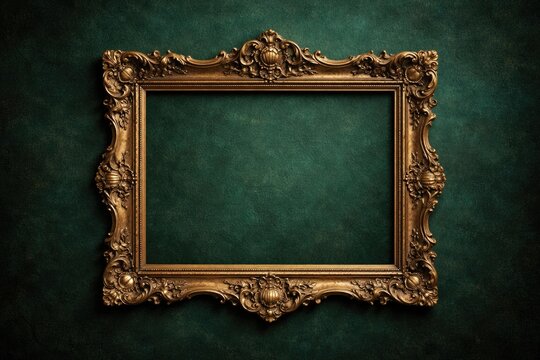 Ornate vintage frame showcased on a textured emerald green backdrop suitable for art mockups