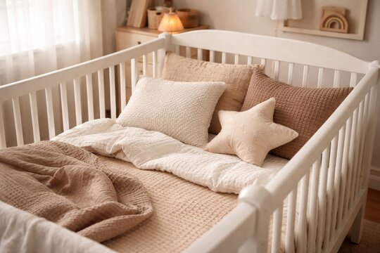 Nursery close up showing white baby cot with beige and brown textured bedding and pillows