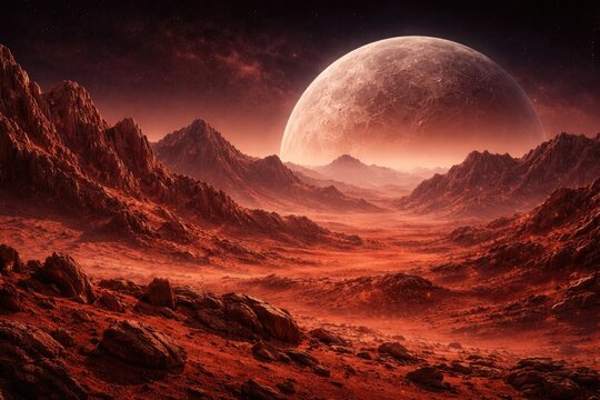 Sci fi scene of a red planet surface with rocky hills, steep mountains, and a prominent moon on the horizon