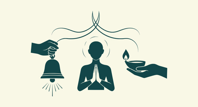 Indian Spirituality and Devotion Concept Vector Illustration with Prayer Diya and Temple Bell Icon