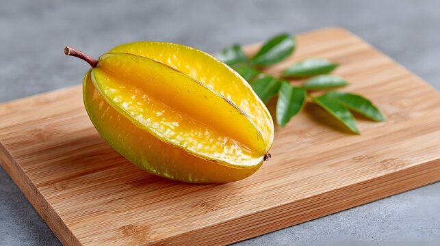 Ripe carambola starfruit on a wooden cutting board with leaves