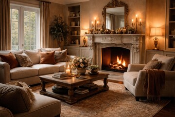 Obraz premium Warm living room scene showcasing soft seating and an ornamental fireplace