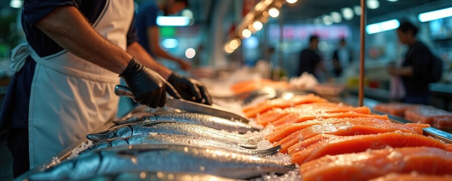 Fishmonger in gloves cuts fresh fish on ice. Salmon fillets and whole fish displayed under bright market lights. Buyers in background pick seafood for dinner.