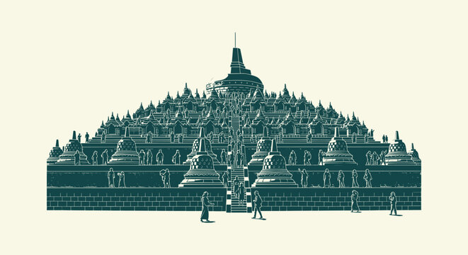 Ancient Borobudur Temple Landmark Illustration with People and Stupas in Central Java Indonesia