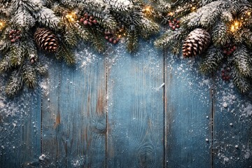 Fototapeta premium Christmas winter backdrop with fir branches pinecones and snow on a textured blue wooden surface