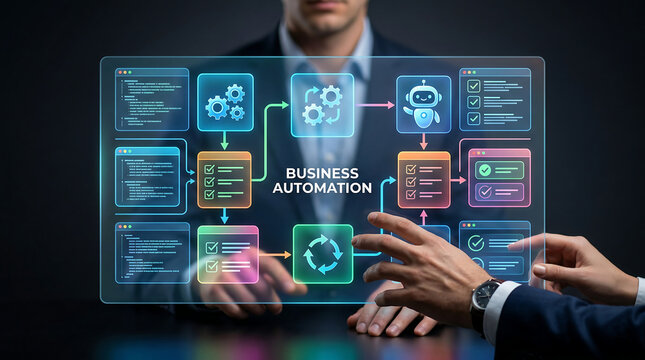 Business automation flowchart on futuristic holographic interface with hands interacting
