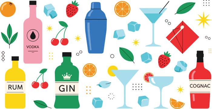 Bar and Cocktail Vector Icon Set Featuring Bottles of Rum Vodka Gin and Cognac with Shaker Martini Glasses Ice Cubes Fruits and Garnish for Restaurant Menus and Nightlife Graphic Designs