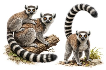 Fototapeta premium Detailed illustrations of ring tailed lemurs on white background