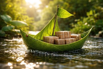 Naklejka premium Leaf inspired paper boat illustrating environmentally safe shipping and cargo delivery