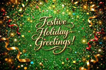 Fototapeta premium Festive holiday greetings with sparkling confetti on vibrant green glitter background