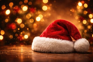 Fototapeta premium Festive red Santa hat on glowing bokeh background featuring copy space