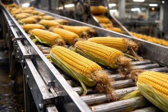 ripe corn cobs moving along a mechanical processing conveyor